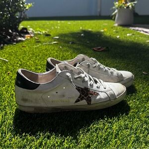 Golden Goose White and Black Sneakers with Leopard Star